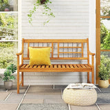 Tangkula Patio Acacia Wood Bench, Wooden 2-Person Outside Chair w/Curved Armrests, Slatted Seat & Backrest - Photo 4