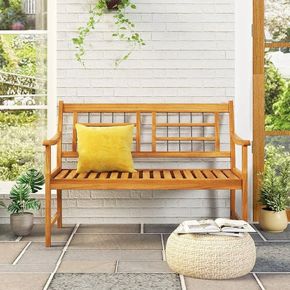 Tangkula Patio Acacia Wood Bench, Wooden 2-Person Outside Chair w/Curved Armrests, Slatted Seat & Backrest, Outdoor Loveseat for Backyard, Balcony, Garden, 800 lbs Max Load