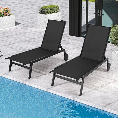 EROMMY Outdoor Lounge Chairs Set of 2 with Wheels – Adjustable Backrest Chaise Lounge, Lightweight Waterproof Pool Furniture for Patio, Garden & Beach