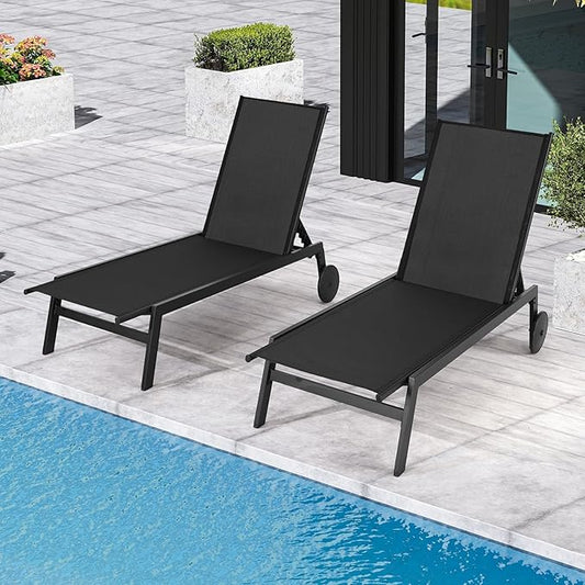 EROMMY Outdoor Lounge Chairs Set of 2 with Wheels – Adjustable Backrest Chaise Lounge, Lightweight Waterproof Pool Furniture for Patio, Garden & Beach