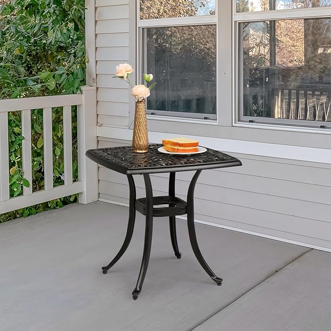 VINGLI 21" Cast Aluminum Outdoor Side Table with Umbrella Hole, All Weather Patio Side Table Bistro Table for Balcony - Photo 6