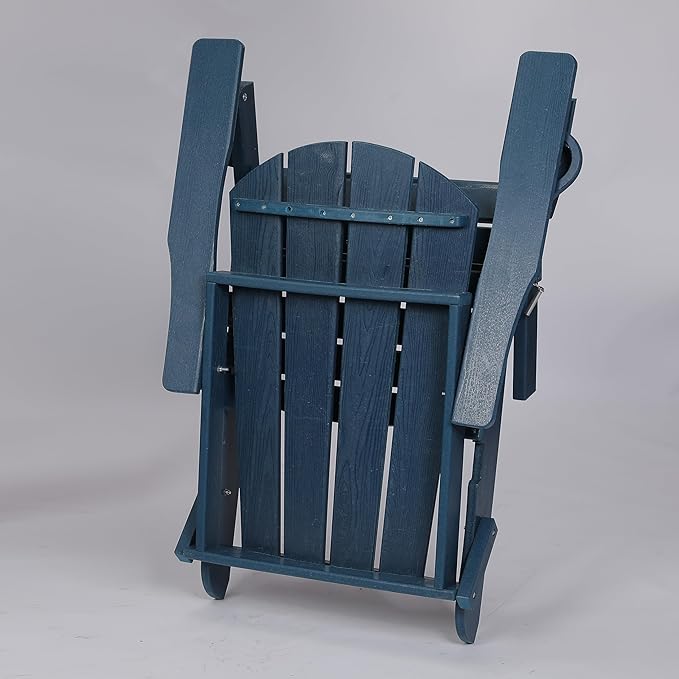 HDPE Folding Adirondack Chair with Cup Holder Outside, Composite Outdoor Chairs with Wood Texture, Blue - Photo 5