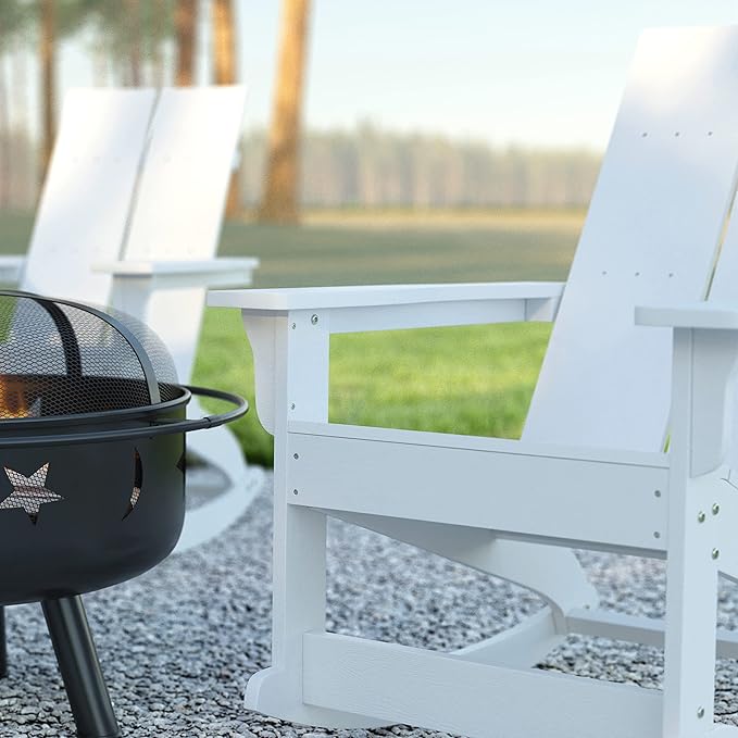 EMMA + OLIVER Harmon Adirondack Rocking Chair - White Poly Resin - Suitable for Indoor/Outdoor Use - All Weather Materials - Easy Assembly - 350 lb. Weight Capacity