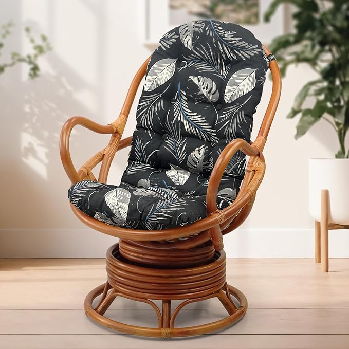 Wickerix Java Lounge Swivel Rocking Chair with Dark Brown Cushion Natural Rattan Wicker Handmade, Colonial Color