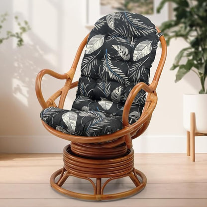 Wickerix Java Lounge Swivel Rocking Chair with Black Leaf Cushion Natural Rattan Wicker Handmade, Colonial Color