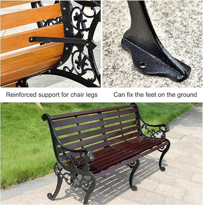 Garden Bench, Cast Iron Metal Frame Patio Park Bench, Wrought Iron Bench with Backrest and Armrests, Patio Bench with Wood Seat, Outside Furniture Decor, for Lawn, Park, Deck(Brown)