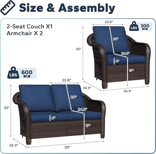 5 PCS Outdoor Conversation Set | 55" Couch, 4 Chairs, Patio Wicker Conversation Furniture with Removable Cushions for Bistro, Deck, Sunroom (Navy Blue)