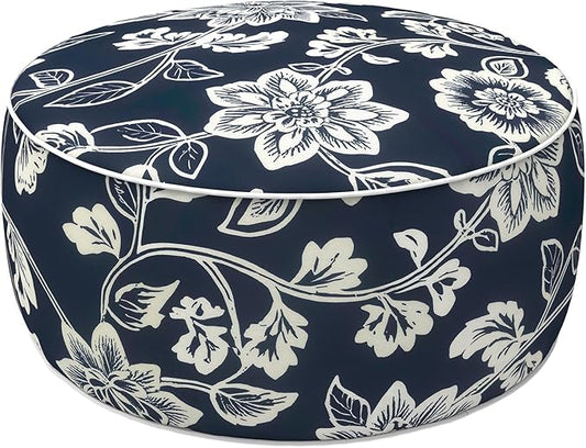 LVTXIII Indoor/Outdoor Inflatable Ottoman with Handle D21 x H9 Inch, Weather-Resistant Round Footstool Pouf for Patio Camping Living Room, Portable Footrest Extra Seating, Elegant Vines Navy