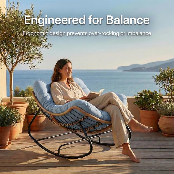 Oversized Papasan Rocking Chair Outdoor, Comfy Wicker Patio Papasan Egg Rocker with Thick Cushion for 450 lbs - Photo 4