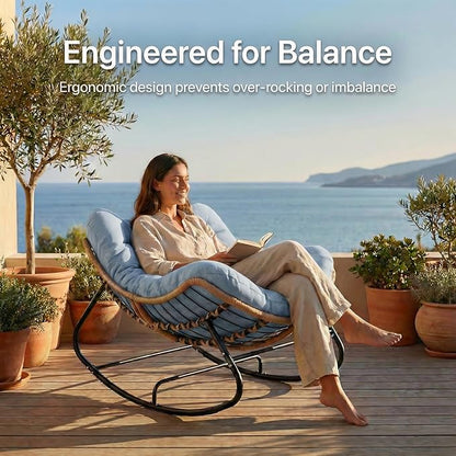 Oversized Papasan Rocking Chair Outdoor, Comfy Wicker Patio Papasan Egg Rocker with Thick Cushion for 450 lbs, Indoor Lounge Reading Chair for Living Room, Porch, Garden, Balcony, Bedroom-Blue