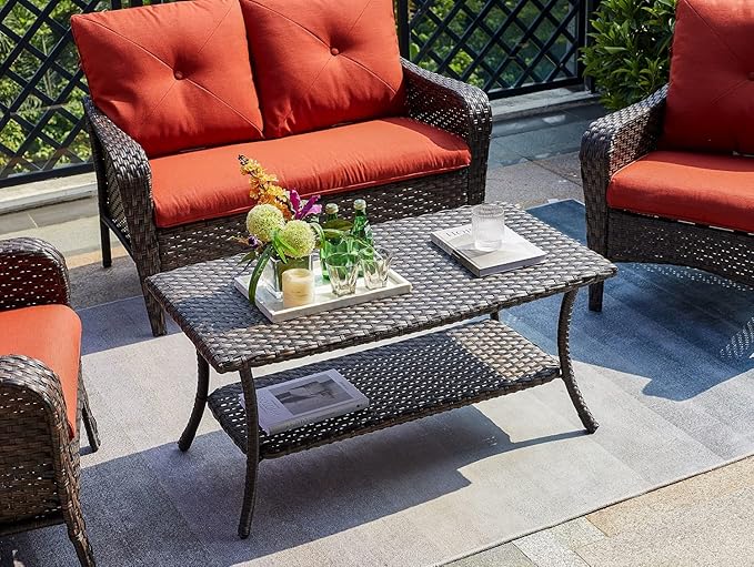 Rilyson Patio Tables Outdoor Coffee Table - Wicker Rattan Coffee Tables with 2-Tier Storage Shelf Side Table for Porch Deck Balcony Garden Outside Rectangle Brown