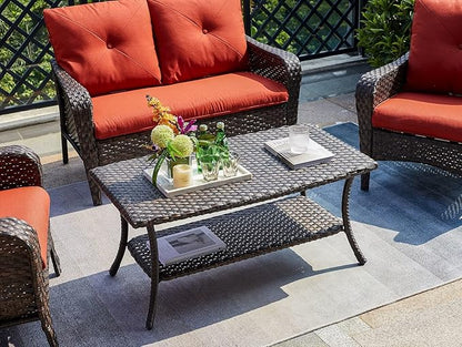 Rilyson Patio Tables Outdoor Coffee Table - Wicker Rattan Coffee Tables with 2-Tier Storage Shelf Side Table for Porch Deck Balcony Garden Outside Rectangle Brown