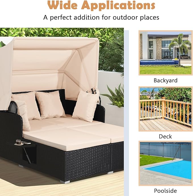 Moccha Outdoor Daybed with Retractable Canopy, Wicker Cabana with 2 Side Tables & Soft Cushions - Photo 9