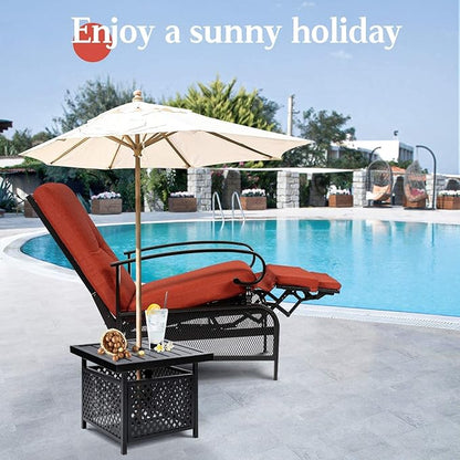 SUNCROWN Outdoor Recliner Chair Patio Adjustable Recliner Chair and Side Bistro Table with Umbrella Hole, Red