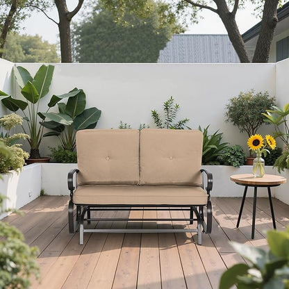 Outdoor Bench Patio Swing Glider Loveseat 2 Seats Rocking Chair, Wrought Iron Gliders for Outside Patio with Cushion (Brown)