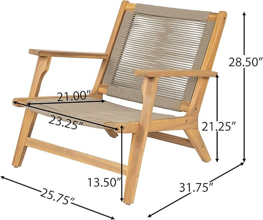 Christopher Knight Home Veera Patio Chair Set of 2 with Acacia Wood Frame and Handwoven Rope, Outdoor Lounge Chair, Stylish Outdoor Accent Chair for Garden/Deck/Backyard, Beige + Light Teak