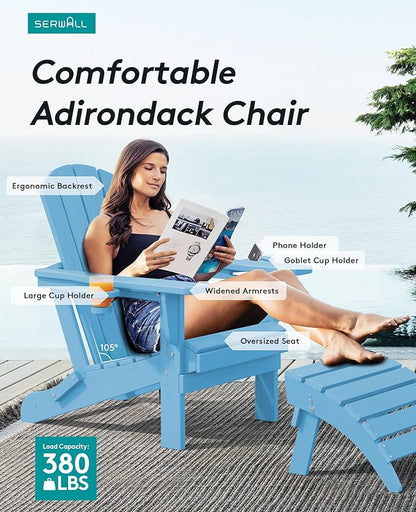 SERWALL Adirondack Chair with Cup Holders - Composite Adirondack Chairs Set of 8 HDPE Outdoor Chairs All Weather Use- Light Blue