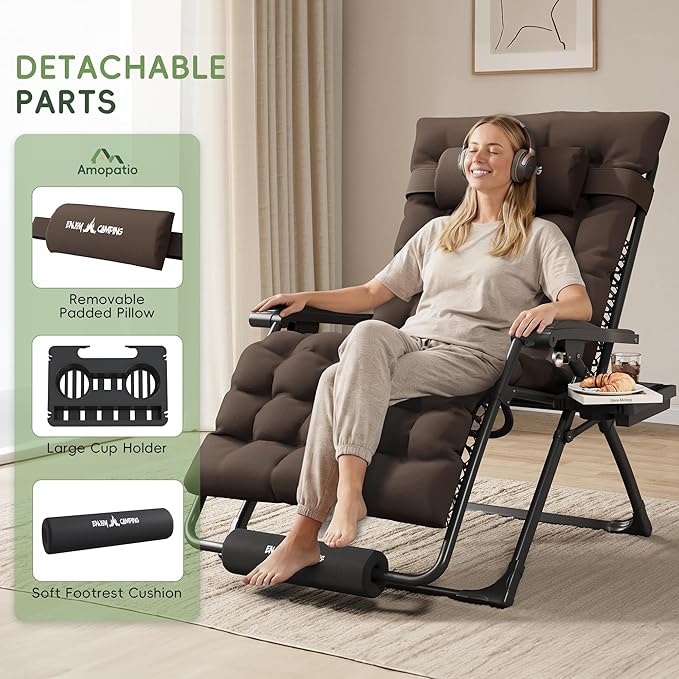 Amopatio Oversized Zero Gravity, 33in Reclining Camping Lounge Chair Upgraded Lock, Footrest, Cup Holder - Photo 4