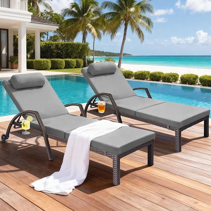 Patio Chaise Lounge Chairs Set of 2 Wicker Pool Lounge Chairs Outdoor with 5 Adjustable Back & Removable Cushion & Tray Tanning Chair Sun Loungers for Patio Poolside Deck Beach