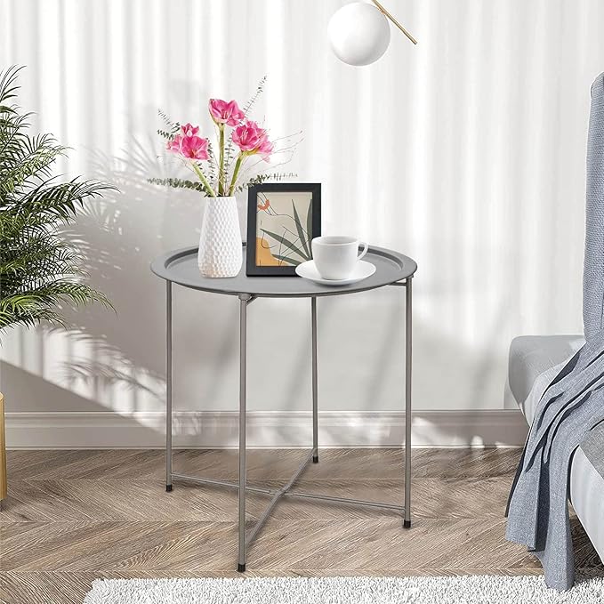 Garden 4 you End Table Metal Side Table Grey Round Folding Tray Cyan Sofa Small Accent Fold-able Table - Photo 6