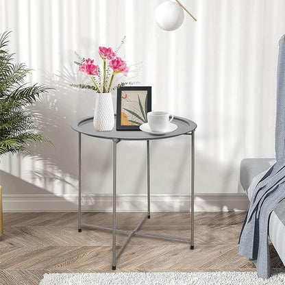 Garden 4 you End Table Metal Side Table Grey Round Folding Tray Cyan Sofa Small Accent Fold-able Table, Round End Table Tray, Next to Sofa Table, Snack Table for Living Room and Bed Room