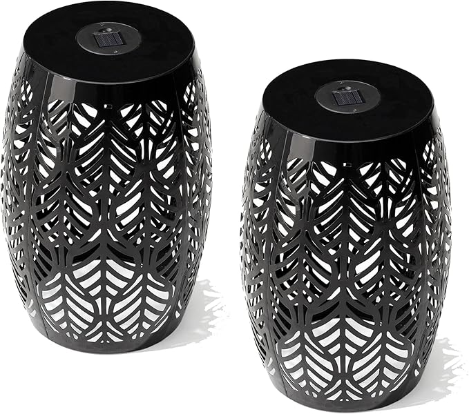 Glitzhome Set of 2 Outdoor Side Table with Leaf Pattern Solar Powered Light, 18.25" H Iron Cutout Drum Garden Stool Solar Decorative Lanterns, Metal End Table Plant Stand for Indoor Outdoor, Black