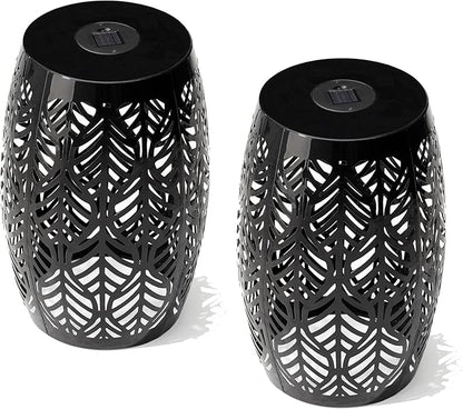Glitzhome Set of 2 Outdoor Side Table with Leaf Pattern Solar Powered Light, 18.25" H Iron Cutout Drum Garden Stool Solar Decorative Lanterns, Metal End Table Plant Stand for Indoor Outdoor, Black
