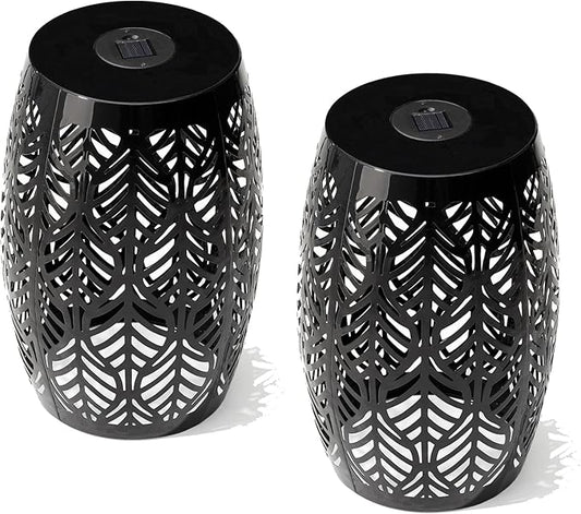 Glitzhome Set of 2 Outdoor Side Table with Leaf Pattern Solar Powered Light, 18.25" H Iron Cutout Drum Garden Stool Solar Decorative Lanterns, Metal End Table Plant Stand for Indoor Outdoor, Black