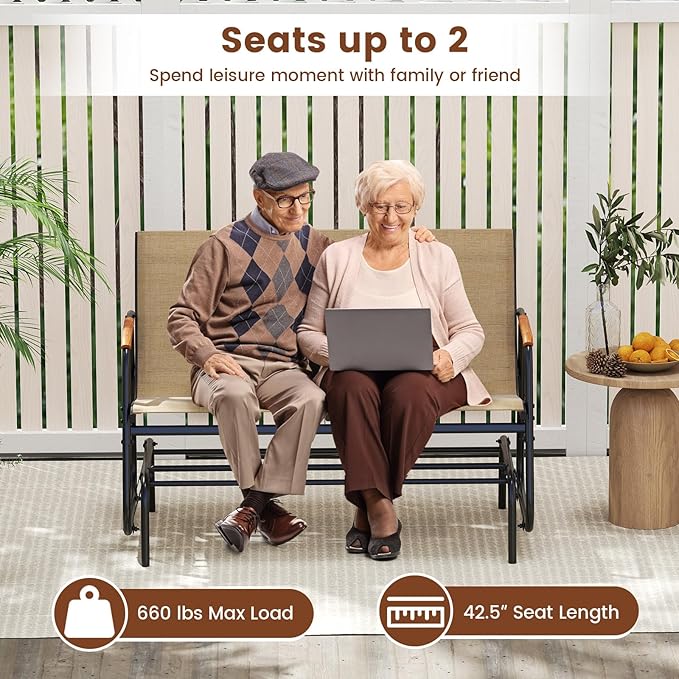 Giantex Patio Glider Bench, 2-Person Swing Gliding Loveseat with Curved Teak Armrests, Fabric Seat, Metal Frame - Photo 8