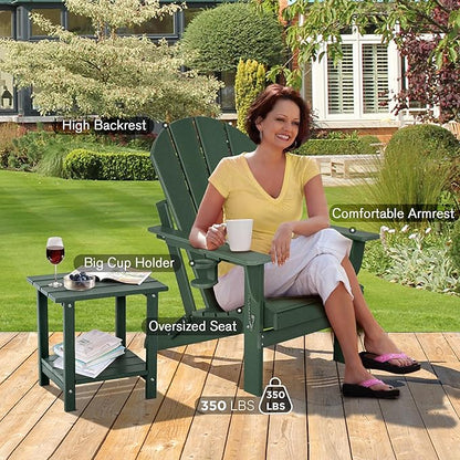nalone Folding Adirondack Chair with Cushion with Cup Holder, HDPE Plastic Oversized Patio Chair Weather Resistant, Used in Outdoor, Fire Pit, Deck, Garden, Campfire Chairs (Green)