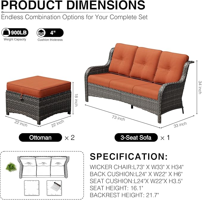 Joyside Outdoor Patio Couch Set, Outdoor Wicker Sofa with High Back, Deep Seating, Wide Armrest, Thickened Cushions - Photo 3