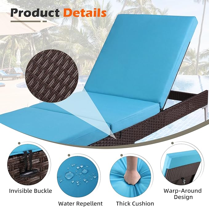 HOMREST Outdoor Lounge Chairs Set of 6, Patio Wicker Chaise Lounge with Removable Cushion, Rattan Pool Sunbathing Recliners with Adjustable Backrest (Turquoise)