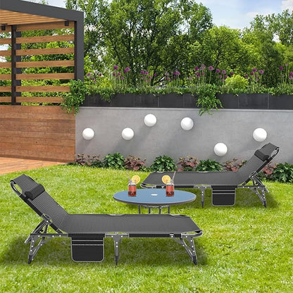 H&ZT Folding Patio Lounge Chair with Thick Padded Cushion, Adjustable Reclining Chaise Lounger with Headrest, Heavy Duty Outdoor Sunbathing Chair for Patio, Garden, Poolside, and Beach