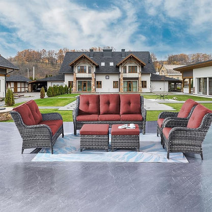 Rilyson Outdoor Patio Furniture Sofa Set - 6 Piece Rattan Wicker Patio Sectional Conversation Sets with 1 Sofa,1 Loveseat,2 Armrest Chairs and 2 Ottomans for Porch Deck Garden(Mixed Grey/Red)
