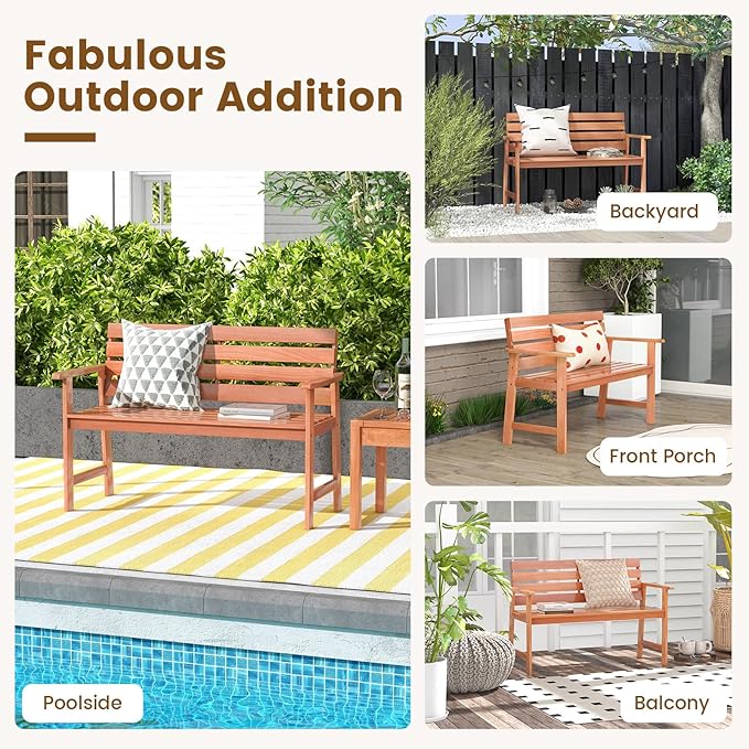 Tangkula 48 Inch Hardwood Outdoor Bench with Backrest, Wood Patio Loveseat Chair with Breathable Slatted Seat & Backrest, Ergonomic Outside Bench for Backyard, Balcony, Garden & Porch