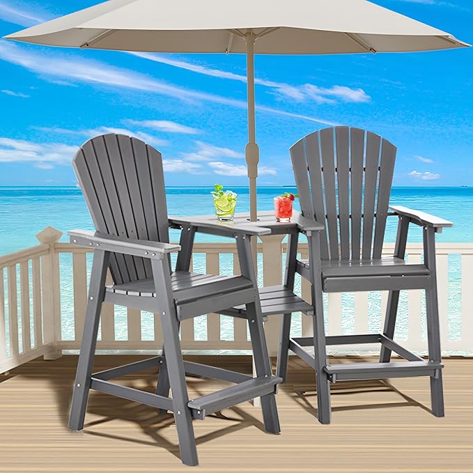 Tall Adirondack Chairs Set of 8, HDPE Balcony Chair with Double Connecting Tray, Weather Resistant Outdoor Adirondack Bar Stools for Patio, Deck, Patio, Backyard, Balcony. (Grey)