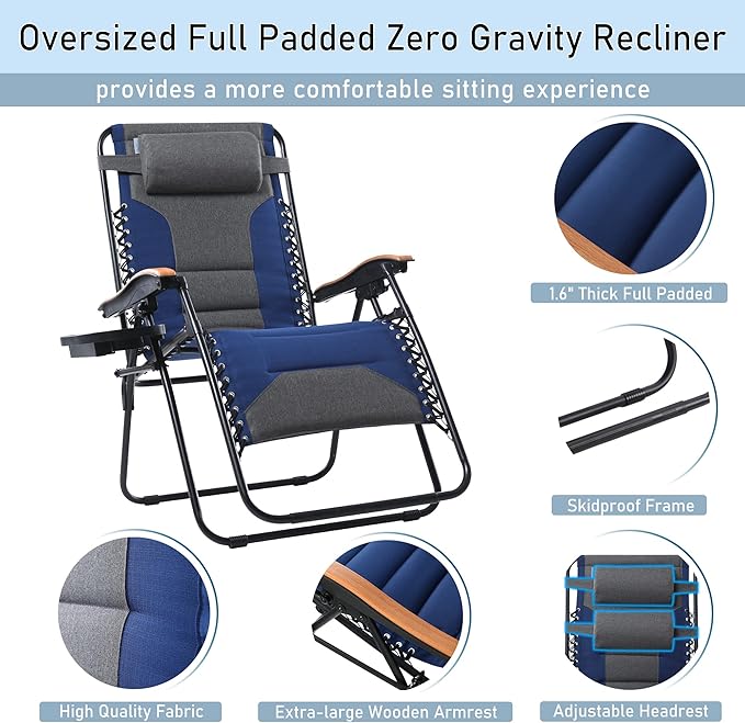 PHI VILLA XXL Oversized Padded Zero Gravity Chair Set of 2, Foldable Patio Recliner, 30" Wide Seat Anti Gravity Lounger with Armrest and Cup Holder, Support 400 LBS (Thumb Blue)