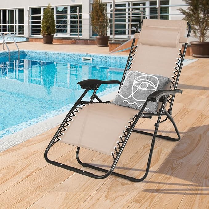 Tangkula 3 Pieces Outdoor Zero Gravity Chair Set, Folding Reclining Lounge Chair with Adjustable Backrest, Head Pillow, Matching Table with Cup Holder, Camping Recliner for Poolside, Yard (Beige)