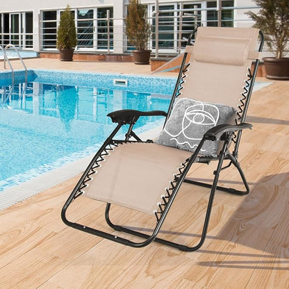 Tangkula 3 Pieces Outdoor Zero Gravity Chair Set, Folding Reclining Lounge Chair with Adjustable Backrest, Head Pillow, Matching Table with Cup Holder, Camping Recliner for Poolside, Yard (Beige)