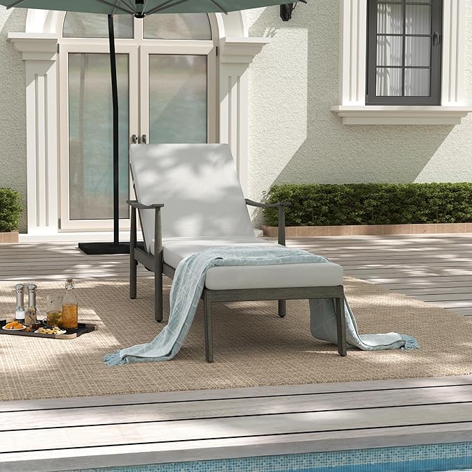 Outdoor Lounge Chair with Armrest, Patio Aluminum Chaise Lounge Outdoor, Adjustable Backrest with Rope Design, Patio Recliner Chairs Cushions for Lawn Pool Beach (Grey)