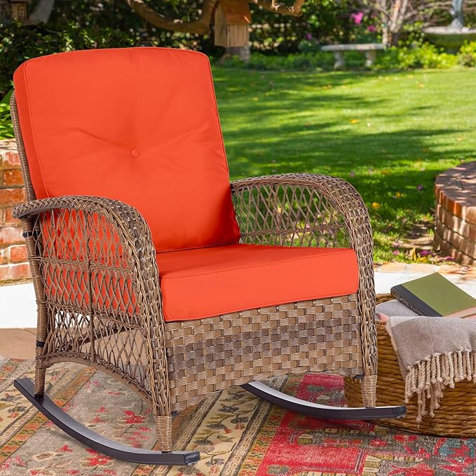 MEETWARM Outdoor Wicker Rocking Chair, Rattan Patio Rocker Chairs with Cushions and High Back, All-Weather Patio Wicker Chair with Safe Rocking Design for Garden Backyard Porch, Brown/Orange