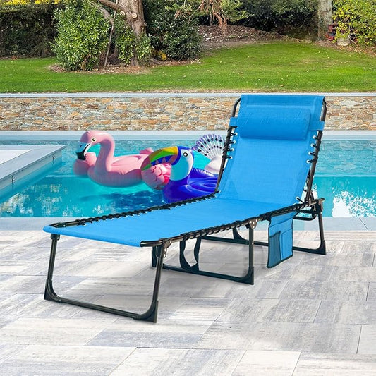Folding Chaise Lounge Chair Bed - Heavy-Duty 400lb Capacity Portable Adjustable Recliner w/Pillow for Patio, Pool, Camping, Sunbathing - Lay Flat Design (Blue)