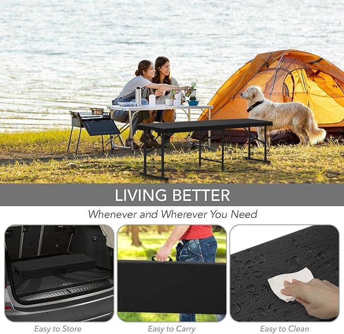 AJP Distributors 2 Pack 6 Foot Portable Plastic Folding Bench 6FT 72" Half Foldable Heavy Duty Seat w/Carry Handle - Indoor Outdoor Backyard Camping Picnic BBQ Party Wedding Dining Event Meeting Black