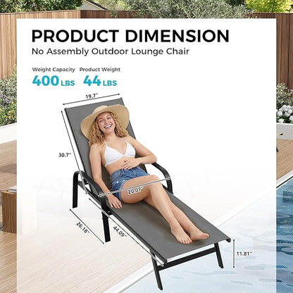 Outdoor Lounge Chair, Adjustable Patio Reclining Chaise with Textilene Fabric, Pool Lounge Chair with 5-Position Backrest for Patio, Garden, Poolside & Balcony,Grey Set of 6