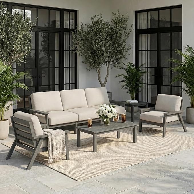 HDPE 5 Piece Patio Furniture Set, Outdoor Couch with Washable Thick Beige Cushions & Coffee Table & Side Table, Outdoor Sectional Furniture for Backyard, Deck, Lawn, Porch (Gray Frame)