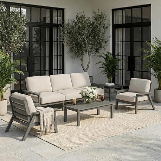 HDPE 5 Piece Patio Furniture Set, Outdoor Couch with Washable Thick Beige Cushions & Coffee Table & Side Table, Outdoor Sectional Furniture for Backyard, Deck, Lawn, Porch (Gray Frame)
