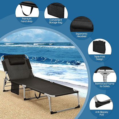 Giantex 2-in-1 Patio Chaise Lounge Chair with Detachable Mattress & Pillow, 4 Adjustable Position, Side Pocket, 330 Lbs Camping Cot, Folding Tanning Chair for Outside, Sunbathing, Pool, Lawn, Beach
