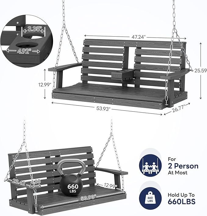 KINGYES Outdoor Hanging Porch Swing, 2 Seat Patio Chair With Cup Holders, Waterproof Bench for Courtyard & Garden - Photo 4