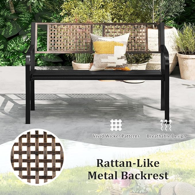 Tangkula 50” Outdoor Metal Park Bench, Outdoor Garden Bench for 2-3 People with Rattan-Like Backrest & Curved Armrests, Heavy-Duty Patio Modern Slatted Seating for Backyard, Poolside, Porch