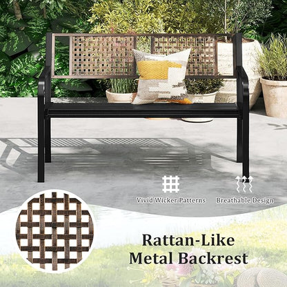 Tangkula 50” Outdoor Metal Park Bench, Outdoor Garden Bench for 2-3 People with Rattan-Like Backrest & Curved Armrests, Heavy-Duty Patio Modern Slatted Seating for Backyard, Poolside, Porch